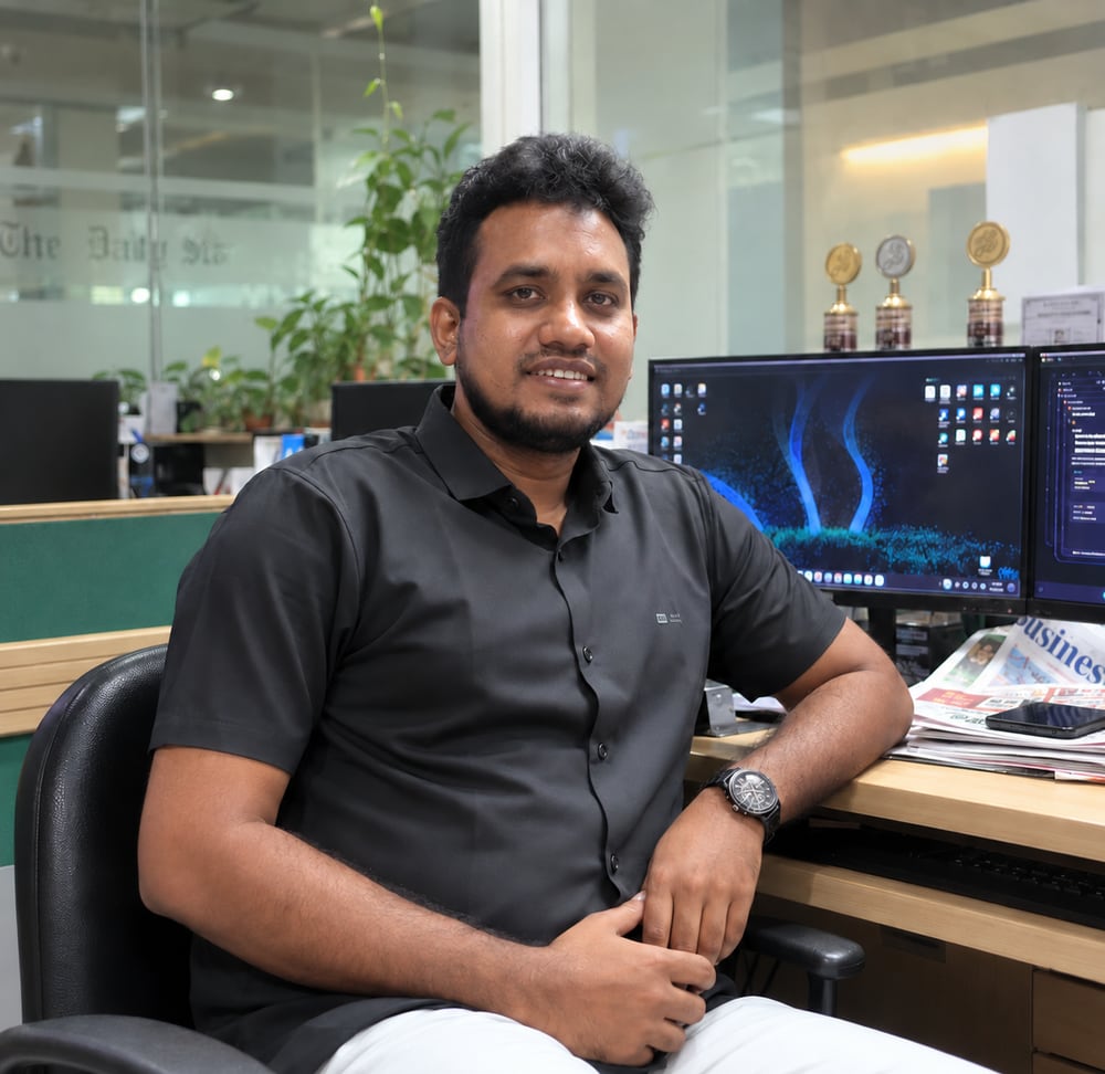 Imam Chowdhury, Senior Systems Engineer, at his desk in The Daily Star newsroom in Dhaka, Bangladesh